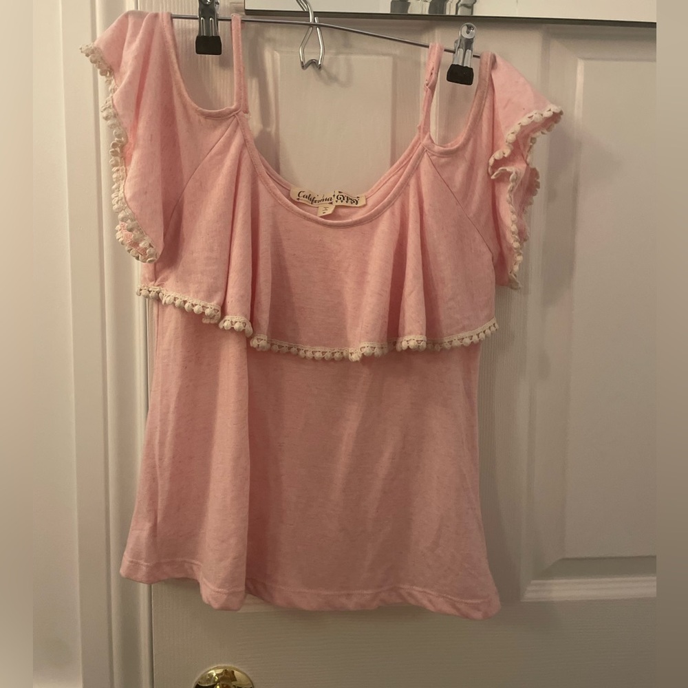 California GYPSY pink off the shoulder top with pompoms
